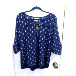 Janet Chung Navy Blue Nautical Anchor Print Blouse Top Womens Lg /#26381